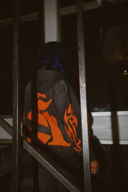 SUPERSTAR ATTIRE SUN FADED, DISTRESSED EMBROIDERY, JUST, LET IT BURN! BLACK AND ORANGE HOODIE.