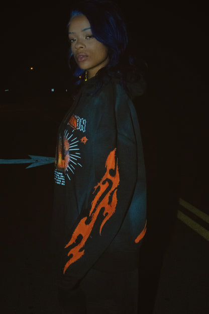 SUPERSTAR ATTIRE SUN FADED, DISTRESSED EMBROIDERY, JUST, LET IT BURN! BLACK AND ORANGE HOODIE.